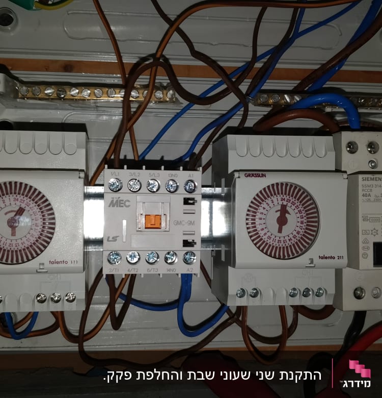 לוח חשמל עם טיימרים, חוטים ומפסקי חשמל